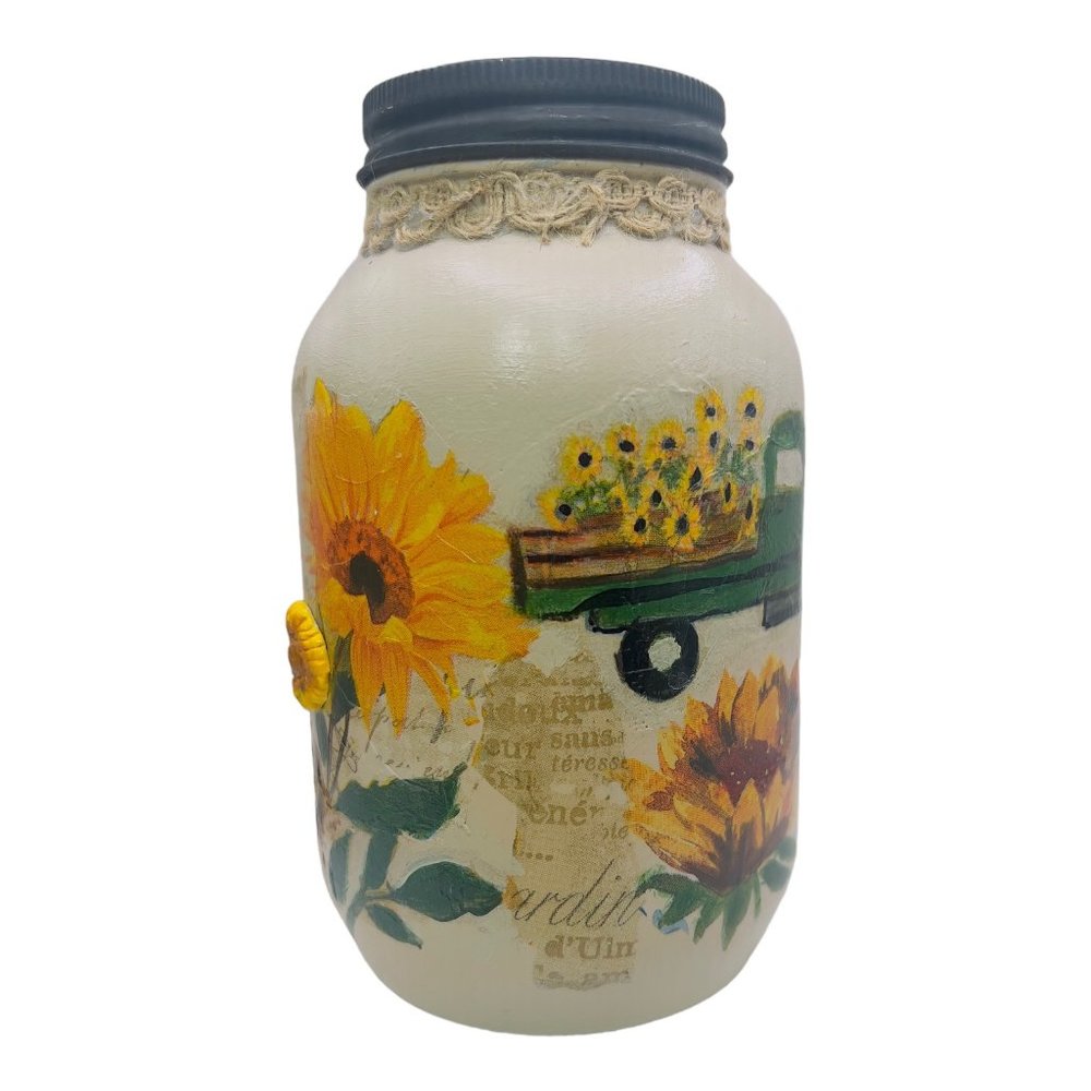 Handcrafted Floral Mason Jar with Truck Design and 3D Clay Farmhouse Artwork - Picture 5 of 13